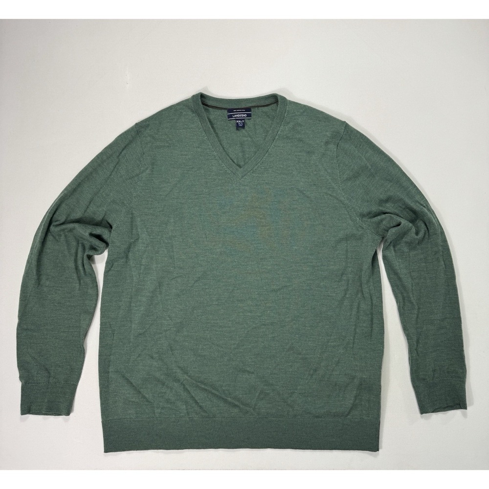 Lands End Men’s 2XLT 50-52 Merino Wool V-Neck Green Sweater Outdoor Modern